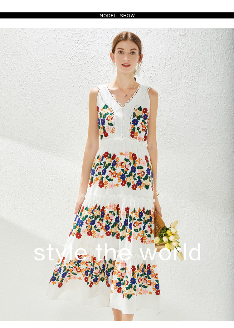 Women's V-Neck Ruffle Floral Midi Dress