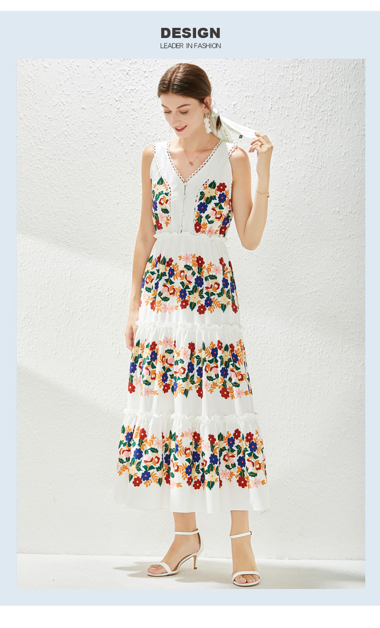 Women's V-Neck Ruffle Floral Midi Dress