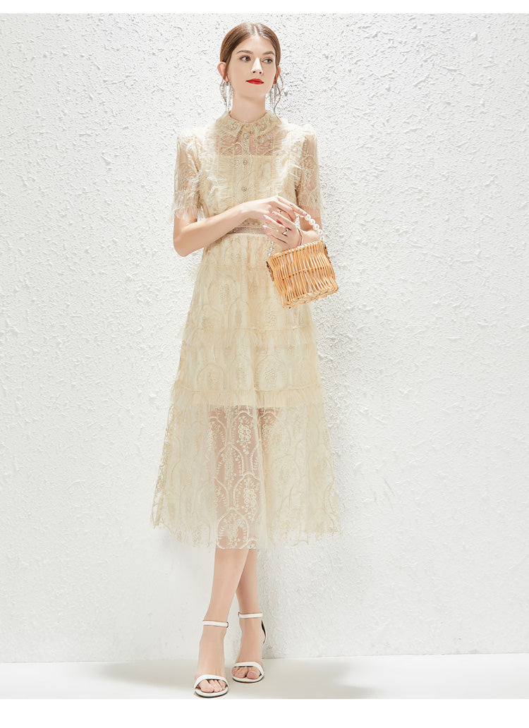 Women's Embroidered Lace Collared A-Line Midi Dress