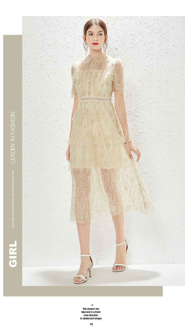 Women's Embroidered Lace Collared A-Line Midi Dress