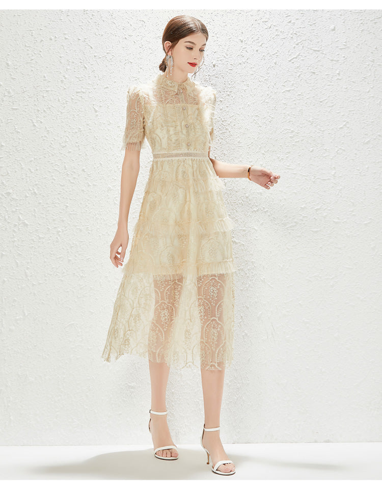 Women's Embroidered Lace Collared A-Line Midi Dress