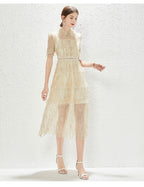 Women's Embroidered Lace Collared A-Line Midi Dress