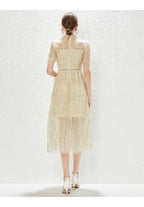 Women's Embroidered Lace Collared A-Line Midi Dress