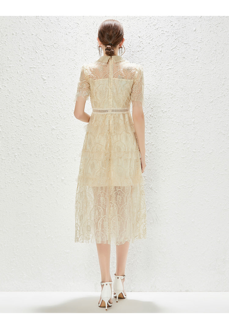 Women's Embroidered Lace Collared A-Line Midi Dress
