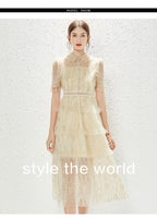 Women's Embroidered Lace Collared A-Line Midi Dress