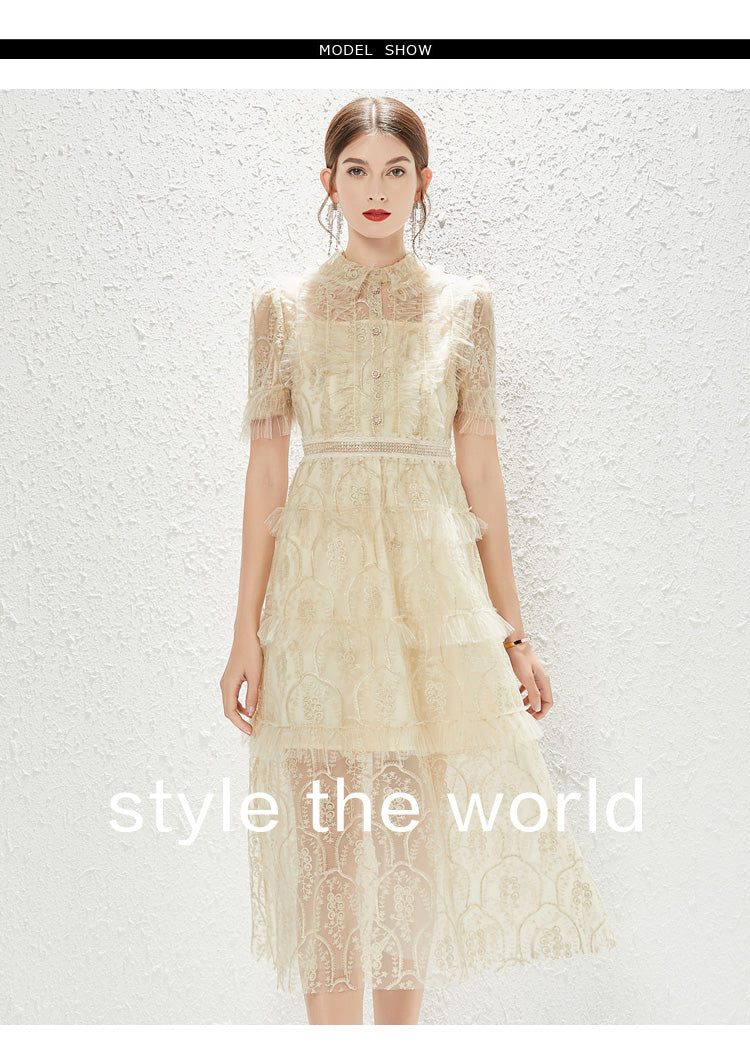 Women's Embroidered Lace Collared A-Line Midi Dress
