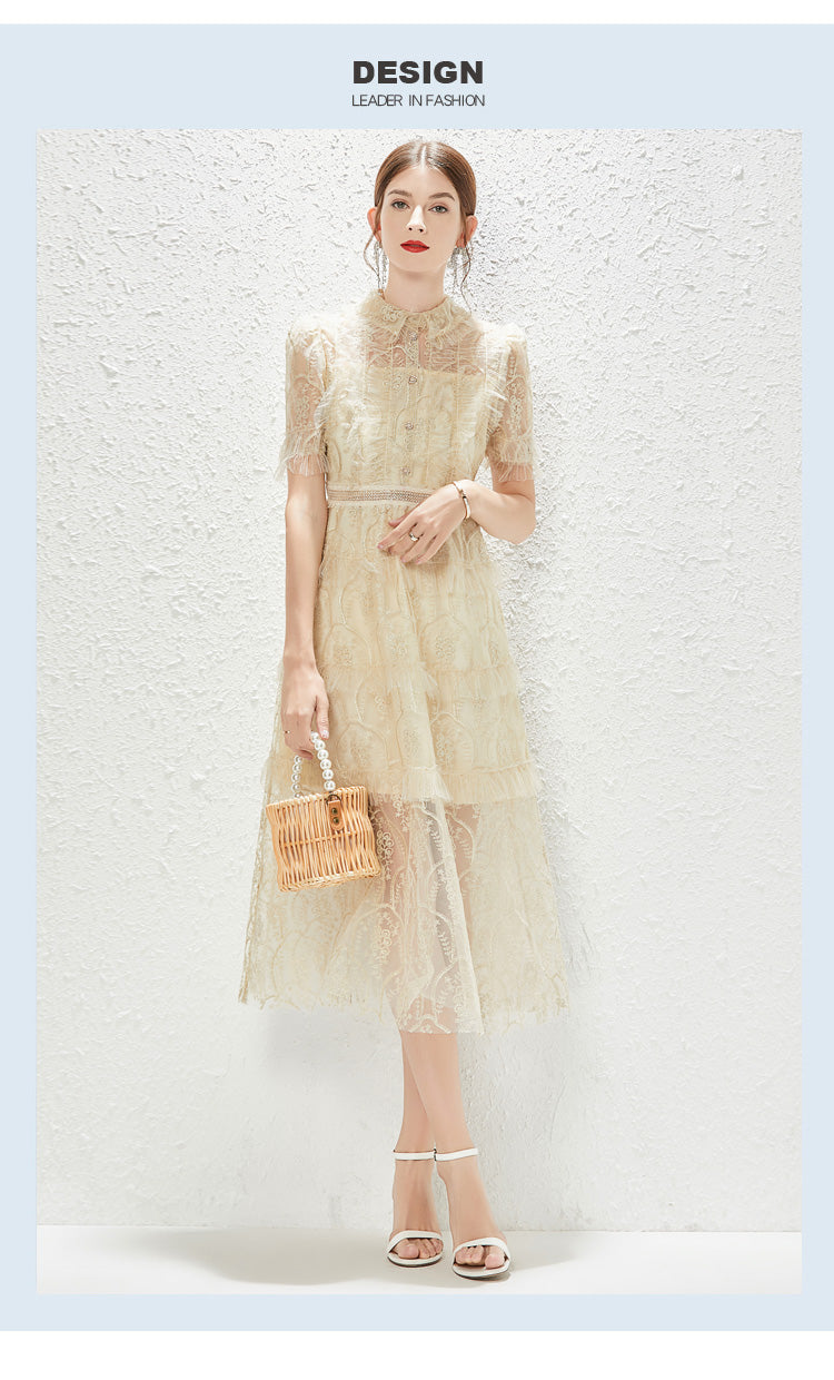 Women's Embroidered Lace Collared A-Line Midi Dress