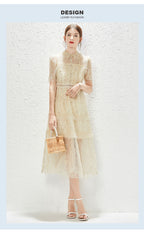 Women's Embroidered Lace Collared A-Line Midi Dress