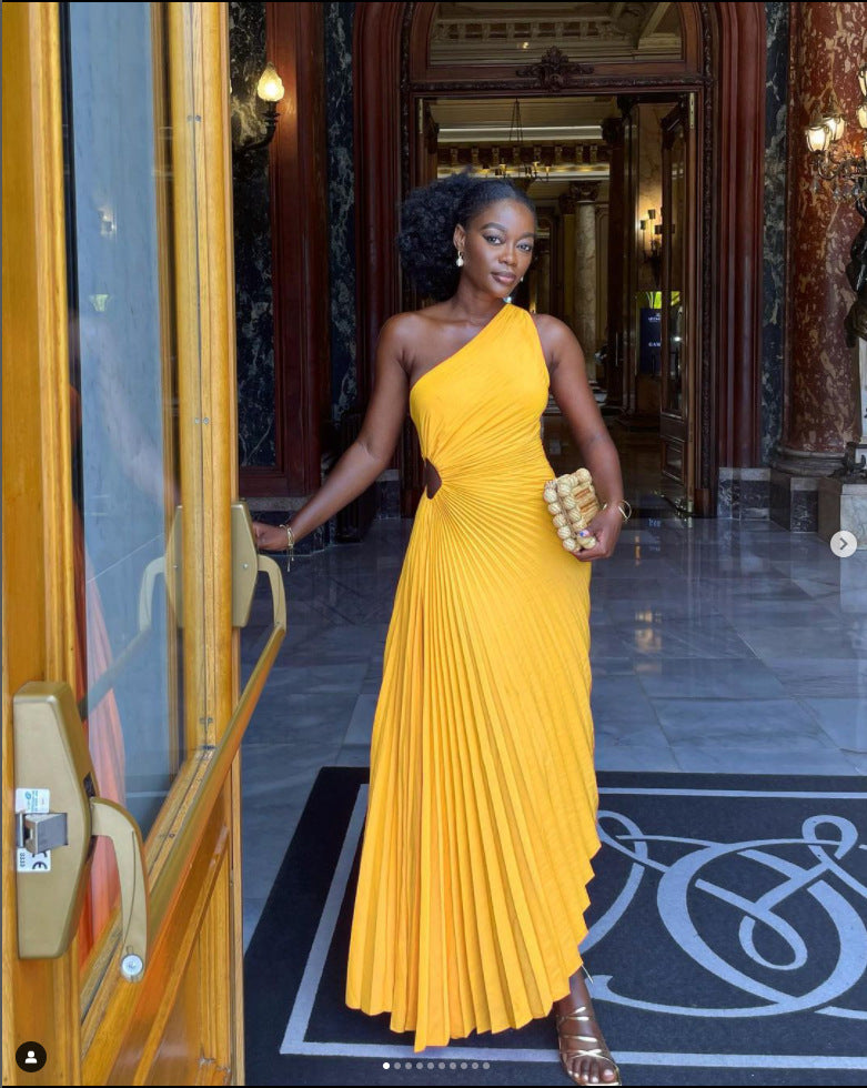 One-Shoulder Cutout Pleated Dress