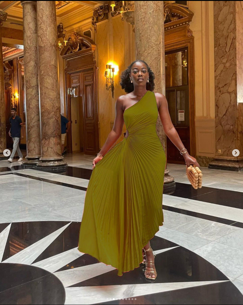 One-Shoulder Cutout Pleated Dress
