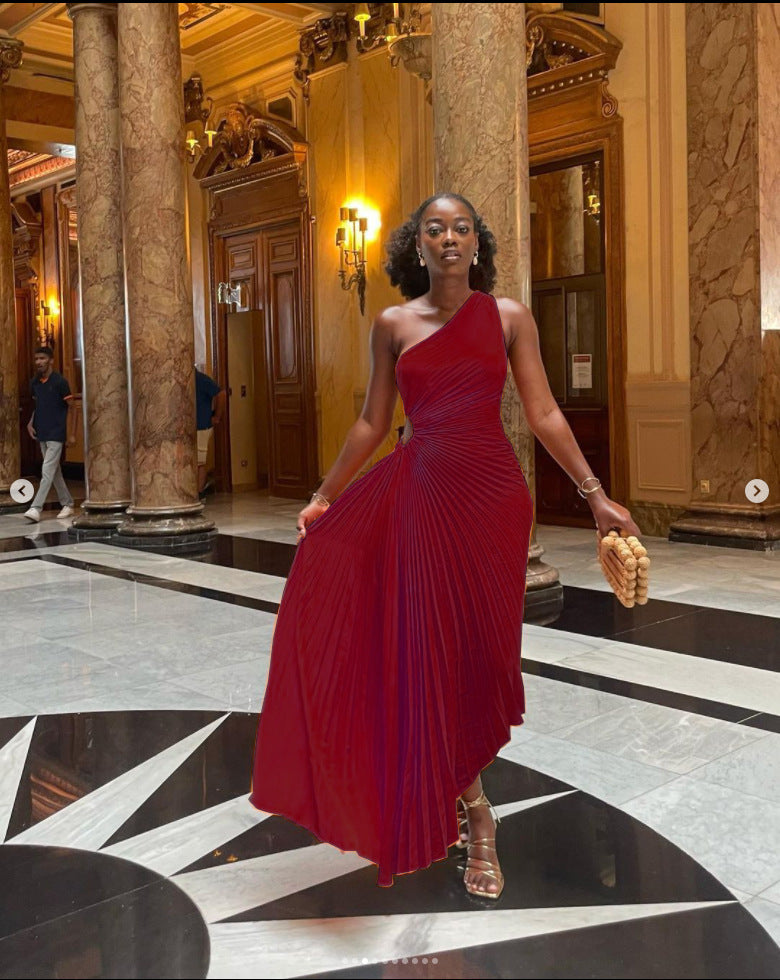 One-Shoulder Cutout Pleated Dress