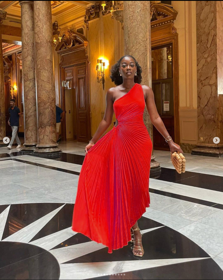 One-Shoulder Cutout Pleated Dress