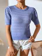Women's Openwork Knit Top – Short-Sleeve Crew Neck