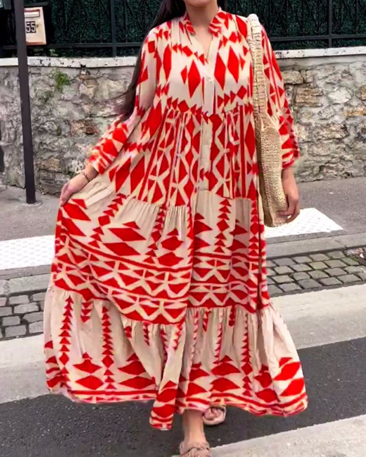 Geometric Print Long-Sleeve Shirt Dress
