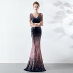 Women's Gradient Color Crystal Drill Chain Slim Evening Party Dress