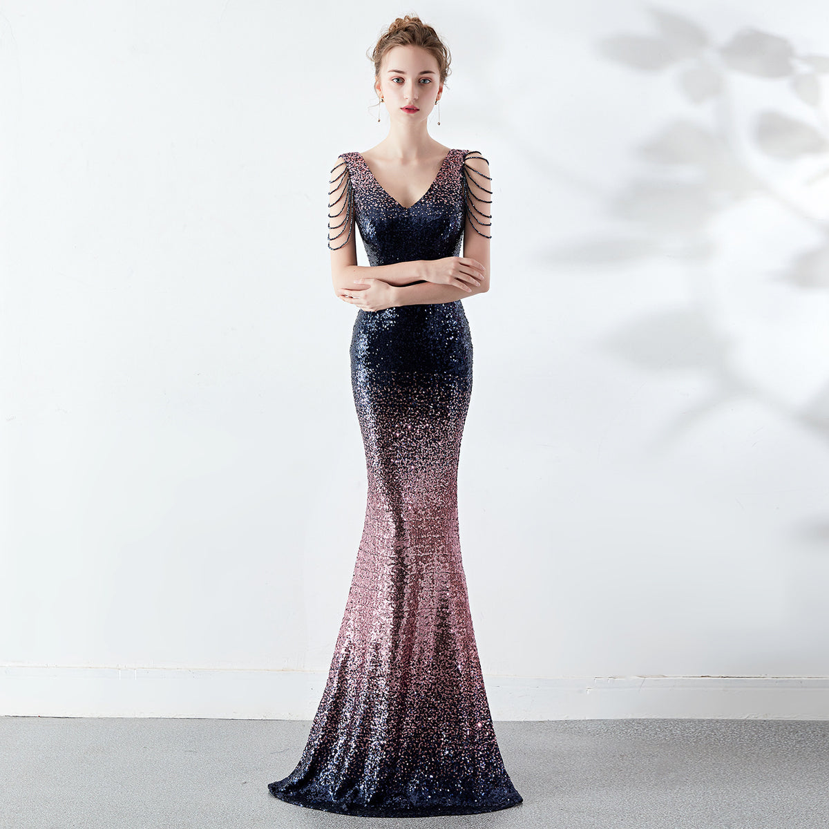 Women's Gradient Color Crystal Drill Chain Slim Evening Party Dress