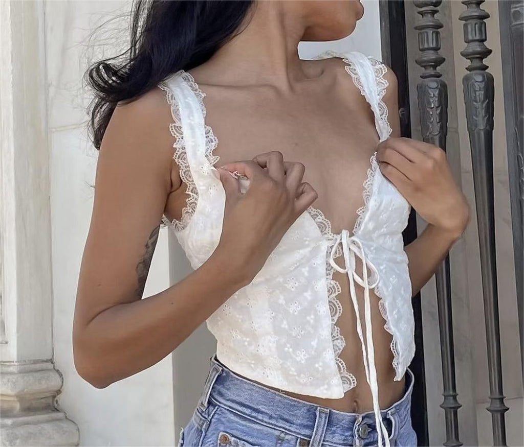 Women's Solid Color Lace Trim Strap Vest Street