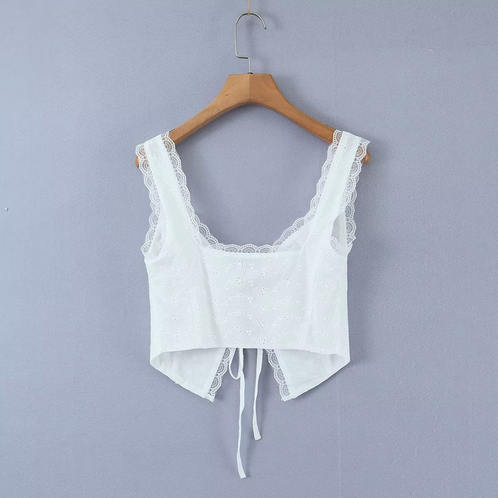 Women's Solid Color Lace Trim Strap Vest Street