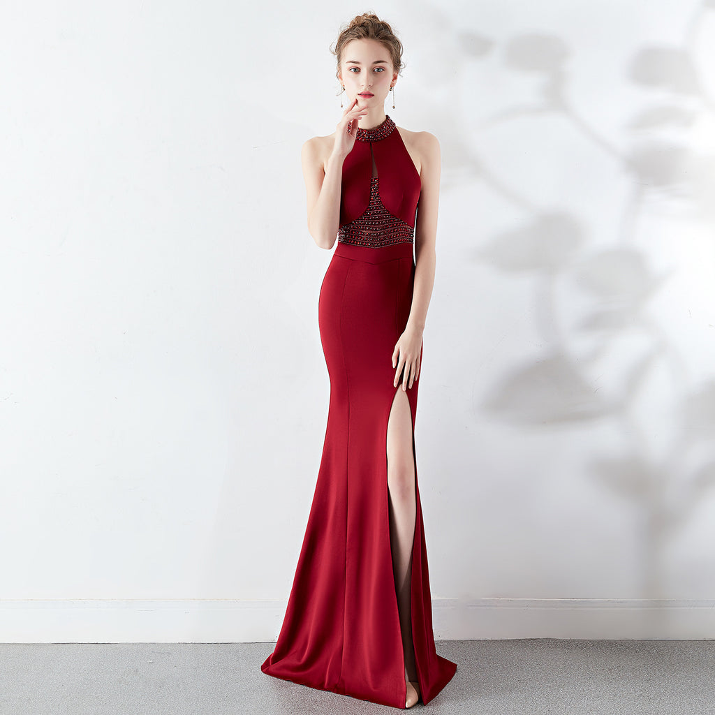 Women's Long Red Fishtail Halter Wedding Banquet Evening Dress Formal Gown