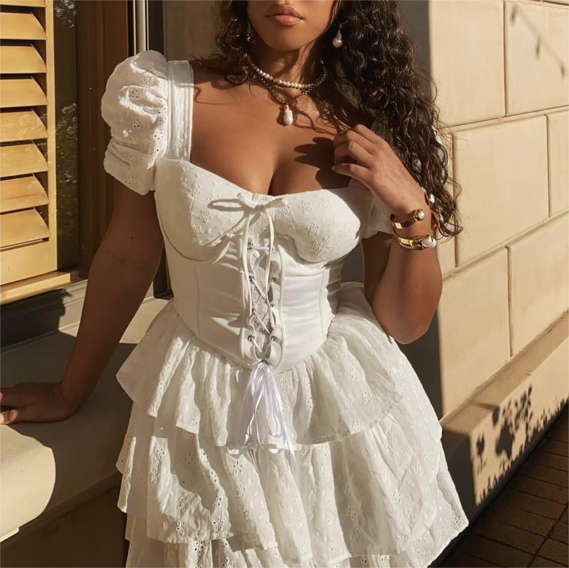 Women's Embroidered Corset Pleated Cutout Dress