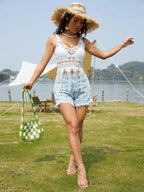Women Summer Short Sexy Solid Crochet Fringe V Neck Camis Crochet hook