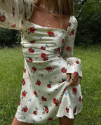 Square-Neck Short-Sleeve Elastic Knitted Floral-Print Dress Yama
