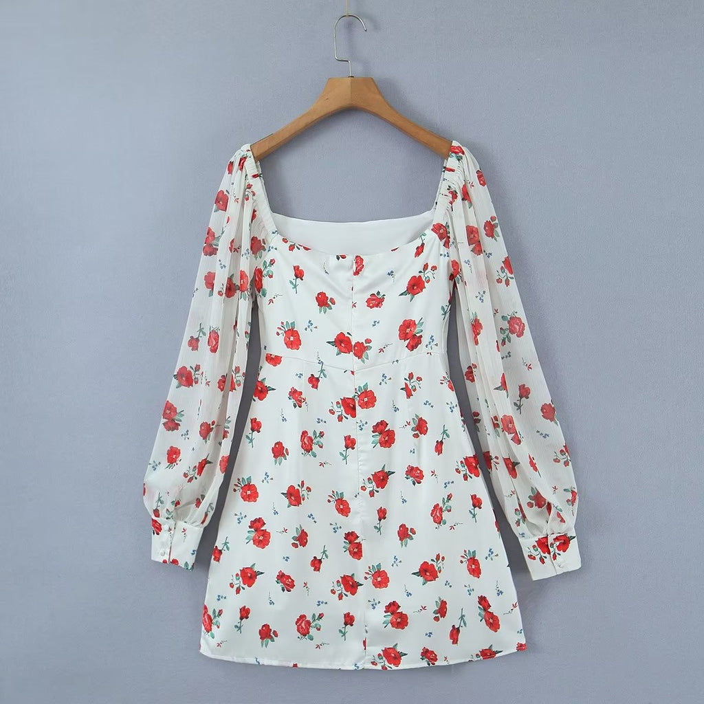Square-Neck Short-Sleeve Elastic Knitted Floral-Print Dress Yama