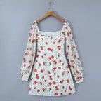Square-Neck Short-Sleeve Elastic Knitted Floral-Print Dress Yama