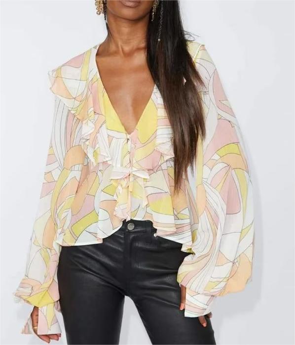 Women's Autumn Winter Printed Lantern Sleeve Collared Cardigan Single Breasted Casual Shirt Women Top