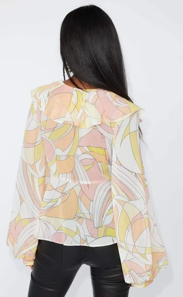 Women's Autumn Winter Printed Lantern Sleeve Collared Cardigan Single Breasted Casual Shirt Women Top