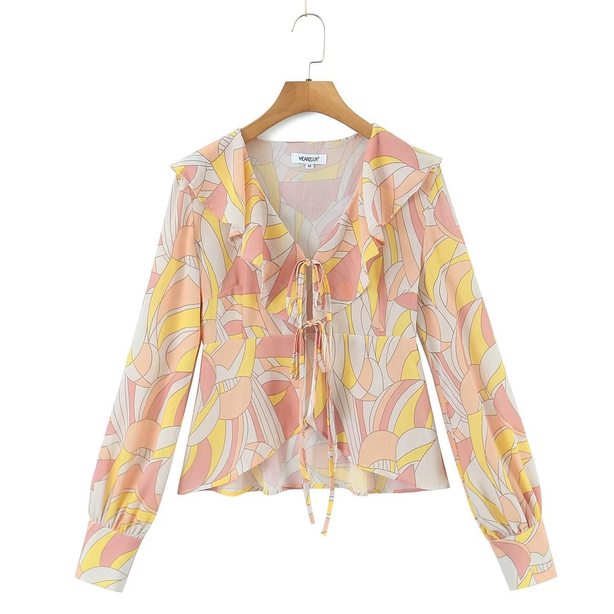 Women's Autumn Winter Printed Lantern Sleeve Collared Cardigan Single Breasted Casual Shirt Women Top