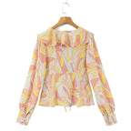 Women's Autumn Winter Printed Lantern Sleeve Collared Cardigan Single Breasted Casual Shirt Women Top