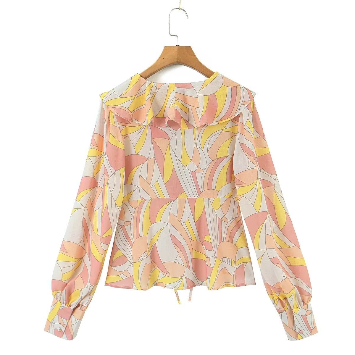 Women's Autumn Winter Printed Lantern Sleeve Collared Cardigan Single Breasted Casual Shirt Women Top