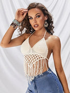 Women Summer Vacation Solid Crochet Fringe Sexy Halter Top Crochet hook
