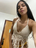 Women Summer Vacation Solid Crochet Fringe Sexy Halter Top Crochet hook