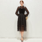 Women's Spring Fall Embroidered Elegant Regular Lace Tulle Fishnet Midi A Line Dress