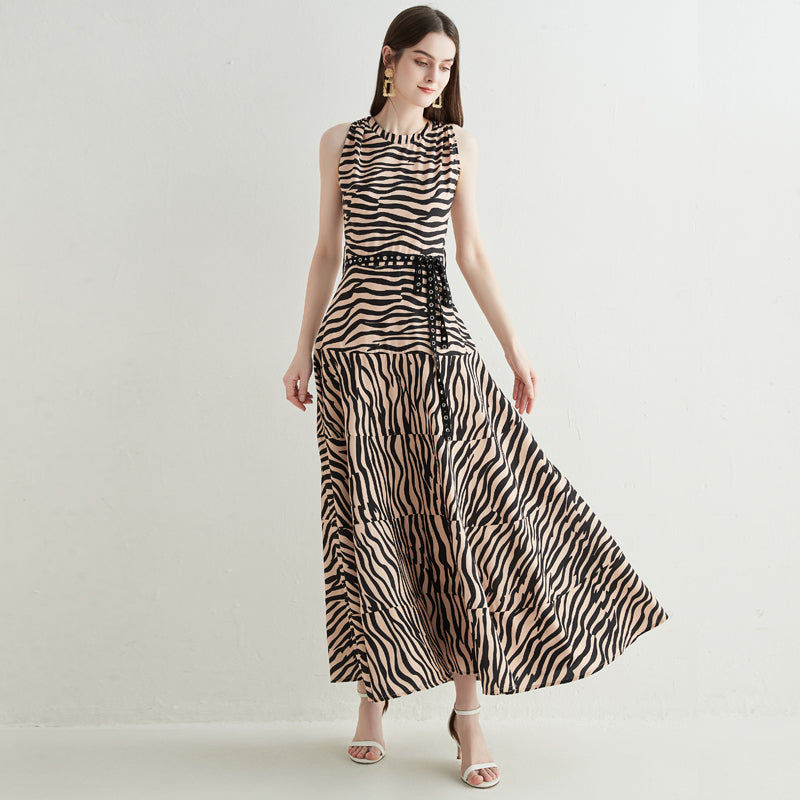 Animal Print Crew-Neck Belted Sleeveless A-Line Maxi Dress