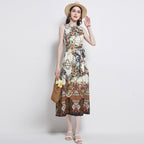 Women's Belted Floral Crew-Neck Maxi Dress