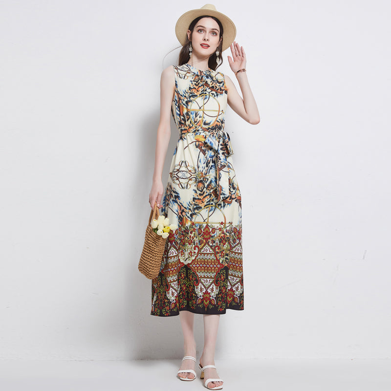 Women's Belted Floral Crew-Neck Maxi Dress