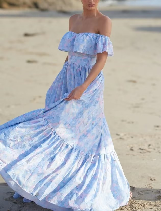 Women's Spring Blogger Off Shoulder Tie Dyed Printed Bow Belt Dress