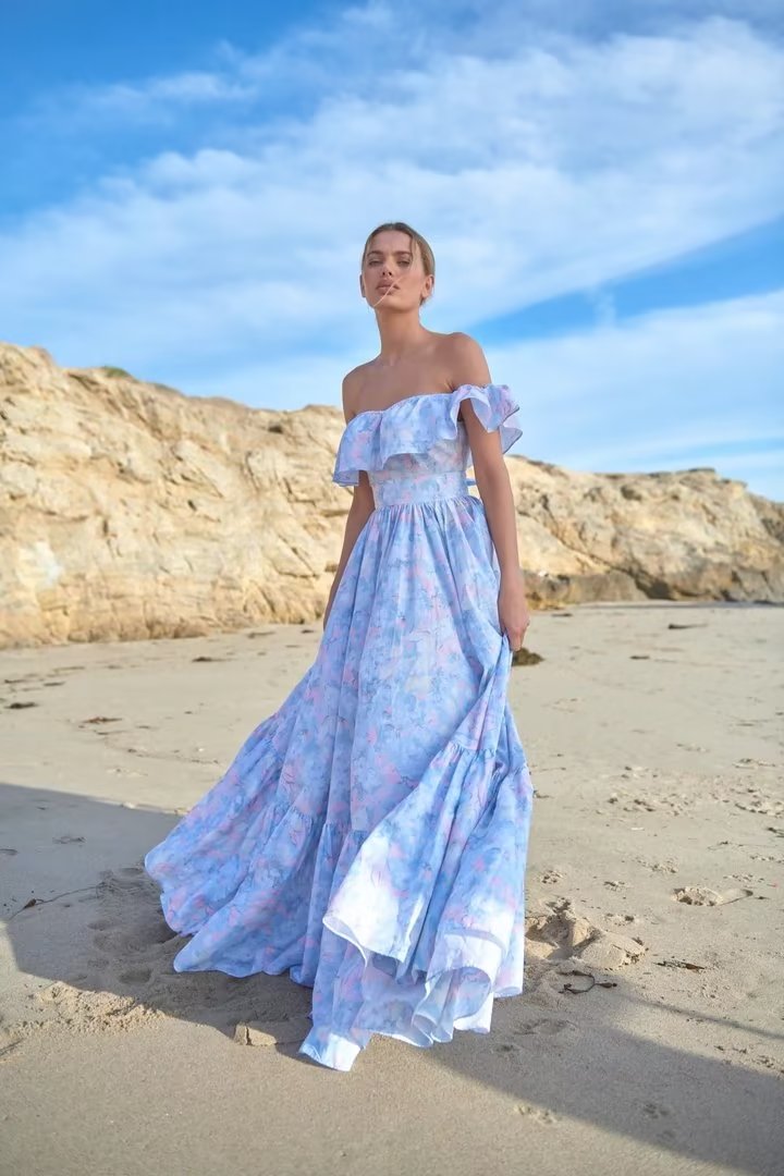 Women's Spring Blogger Off Shoulder Tie Dyed Printed Bow Belt Dress