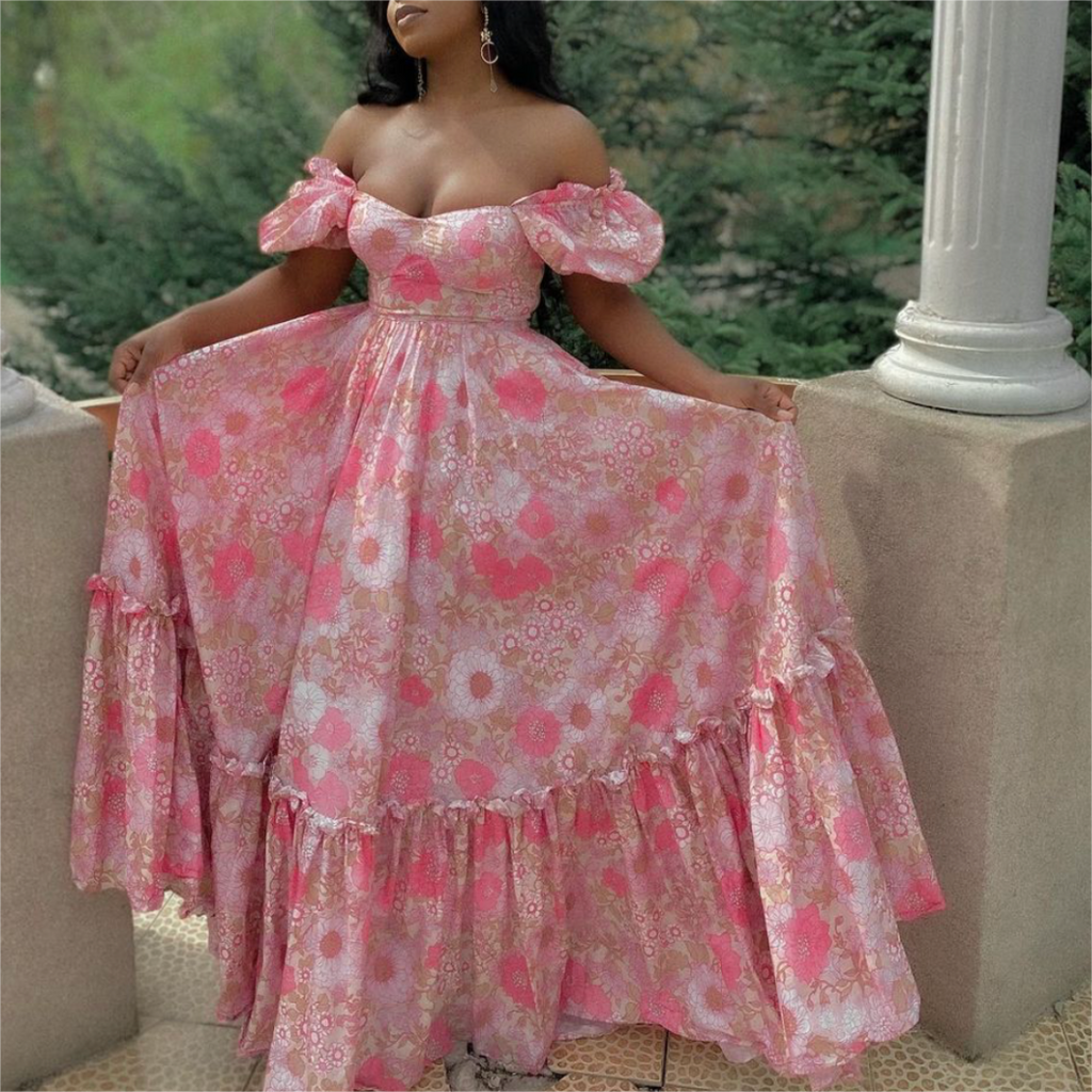 Puff Sleeve Pink Floral Printed Dress