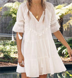 Women's White V-Neck Lace A-Line Dress