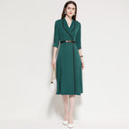 Belted V-Neck Three-Quarter-Sleeve Blazer Midi Dress