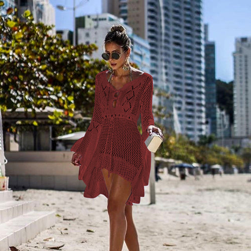 Asymmetric plunge bell-sleeve woven dress, coral red crochet texture