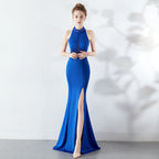 Women's Long Red Fishtail Halter Wedding Banquet Evening Dress Formal Gown