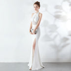 Women's Long Red Fishtail Halter Wedding Banquet Evening Dress Formal Gown