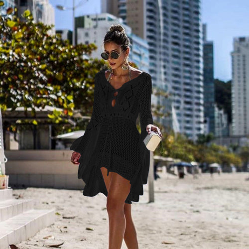 Asymmetric plunge bell-sleeve woven dress, black crochet texture