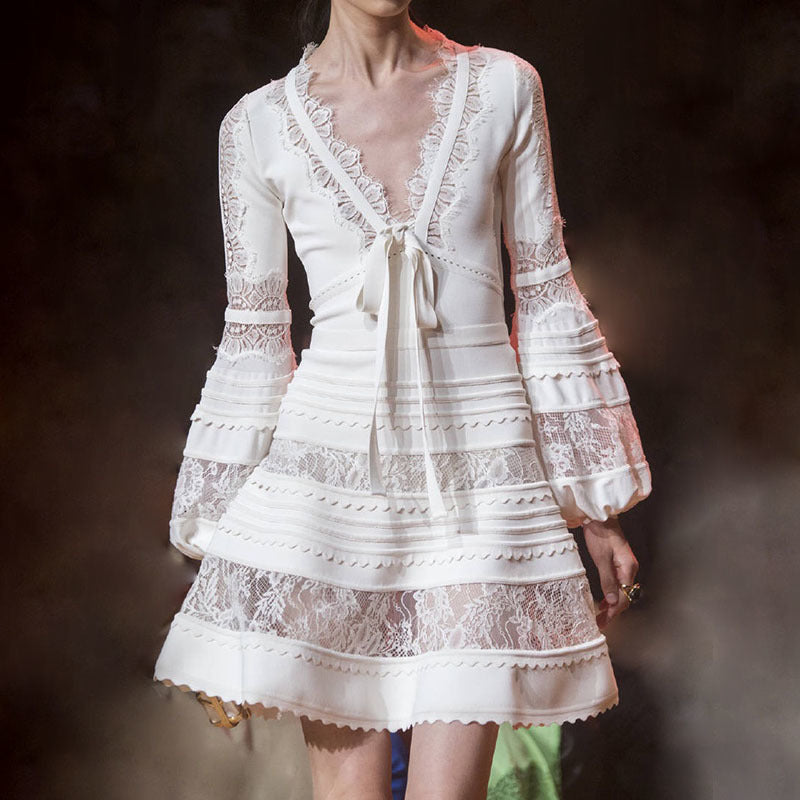 Women's White Lace V-Neck A-Line Dress