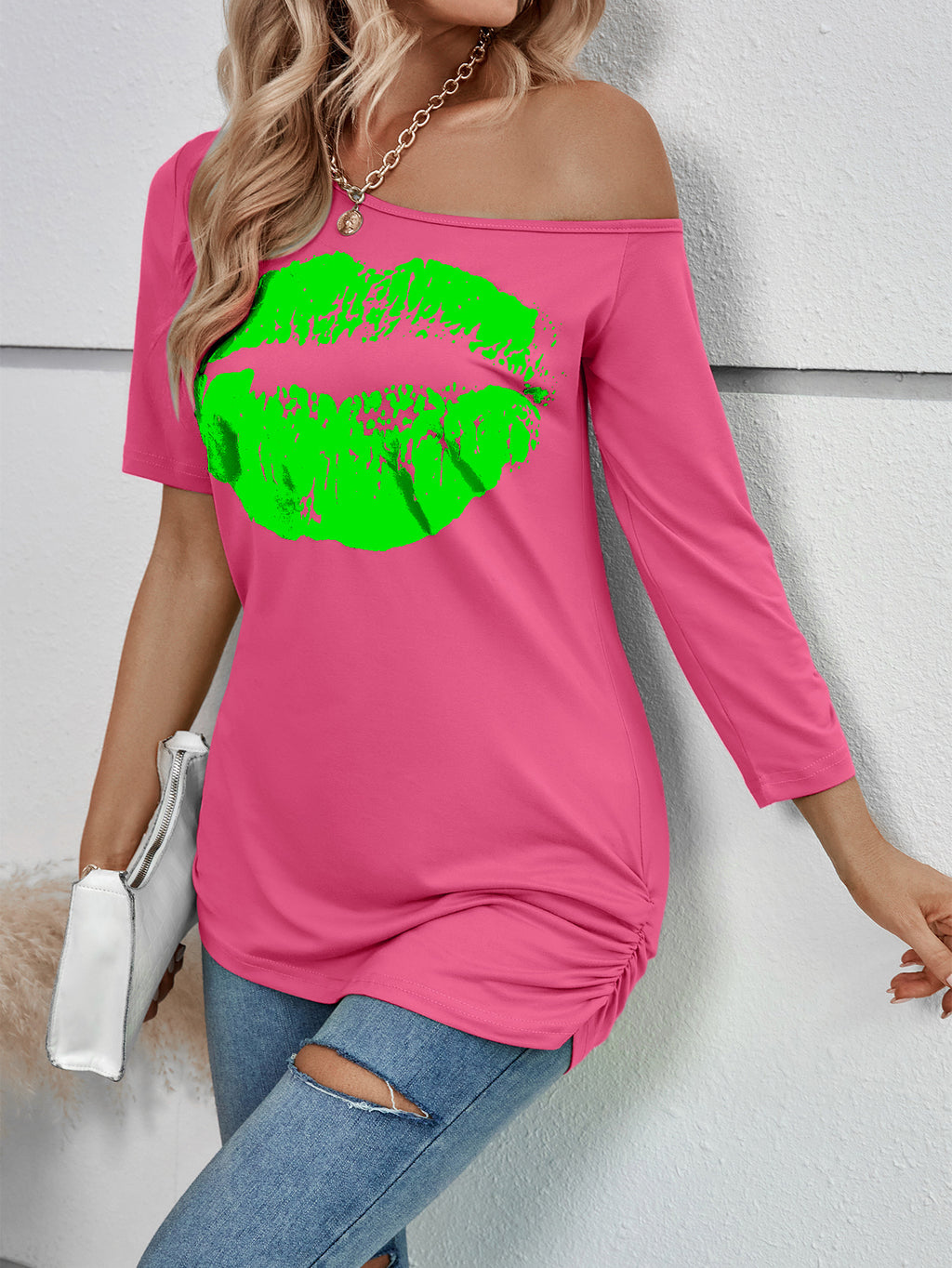 Women's T-Shirt Off Shoulder Irregular Asymmetric Sleeve Length Slim